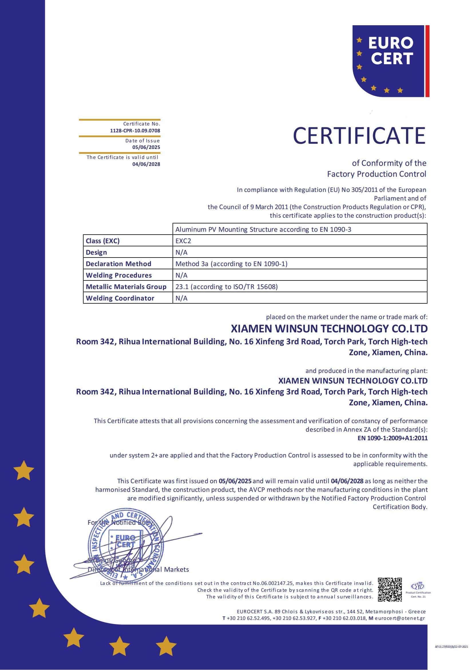 Estrutura de montagem solar Winsun com certificado CE (EN 1090-1)